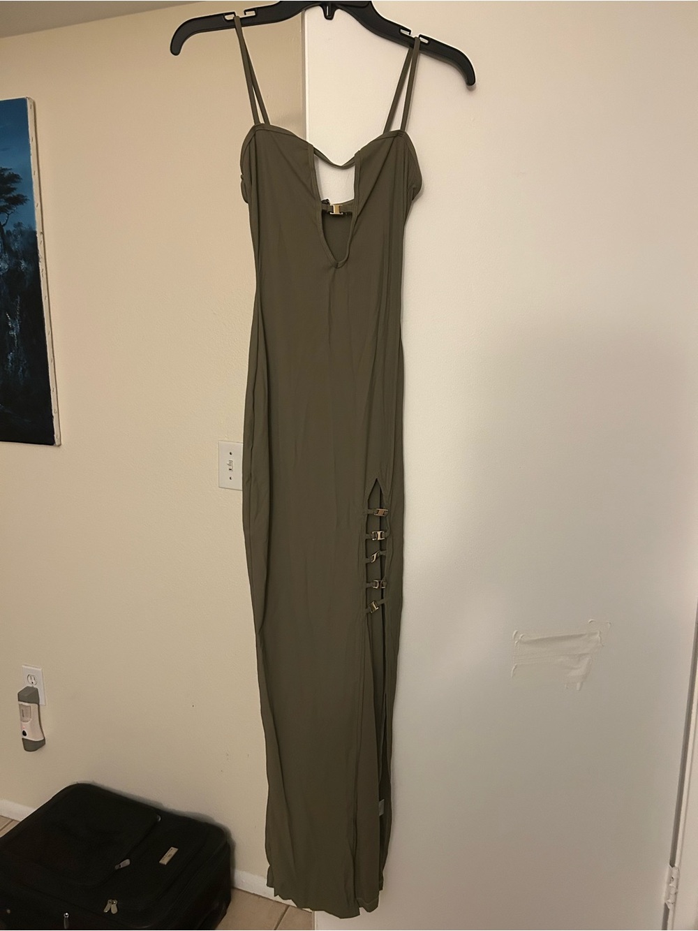 Olive Green Spaghetti-Strap Maxi Dress with Side Buckle Detail
